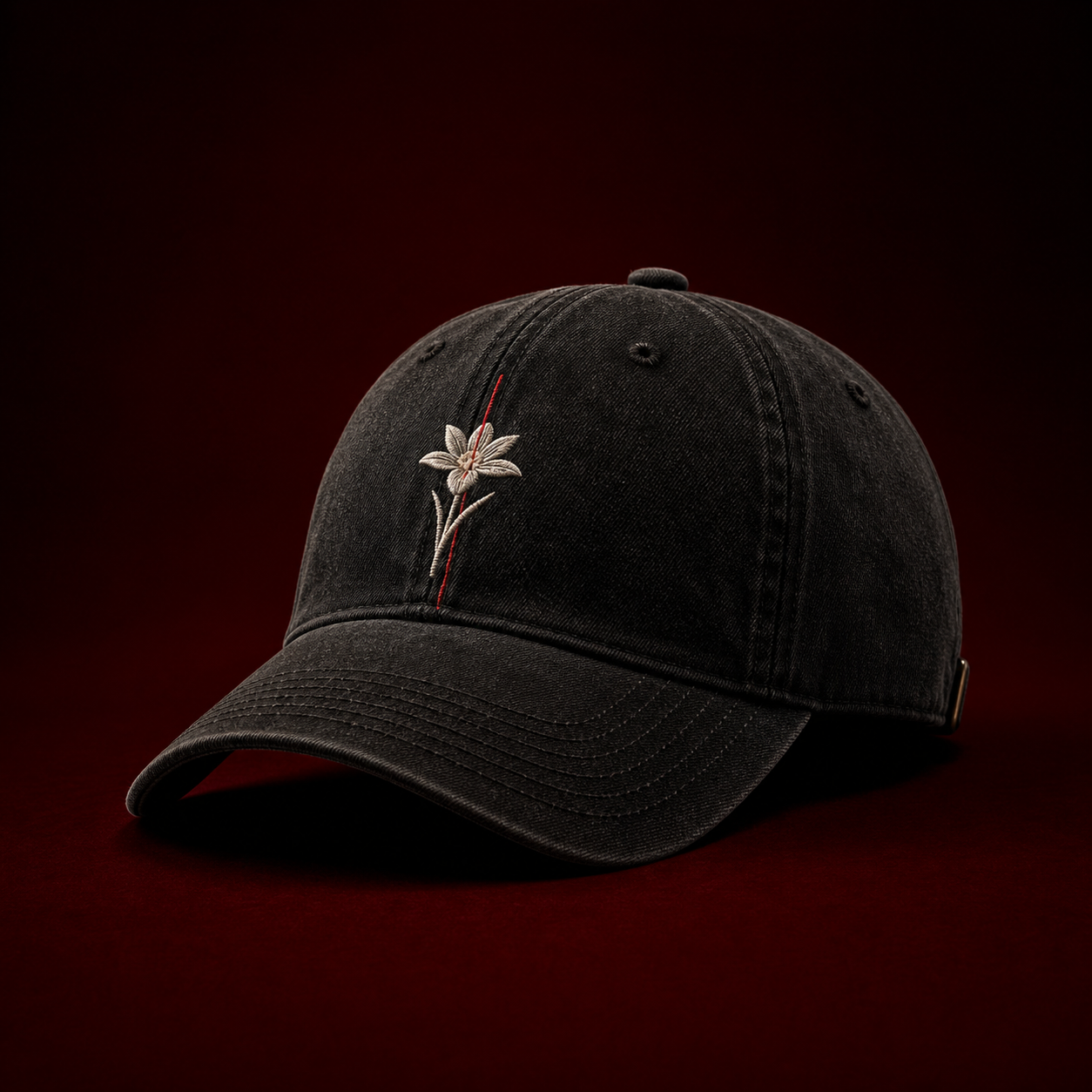 Washed black After Dark cap by Shrota with embroidered rain lily