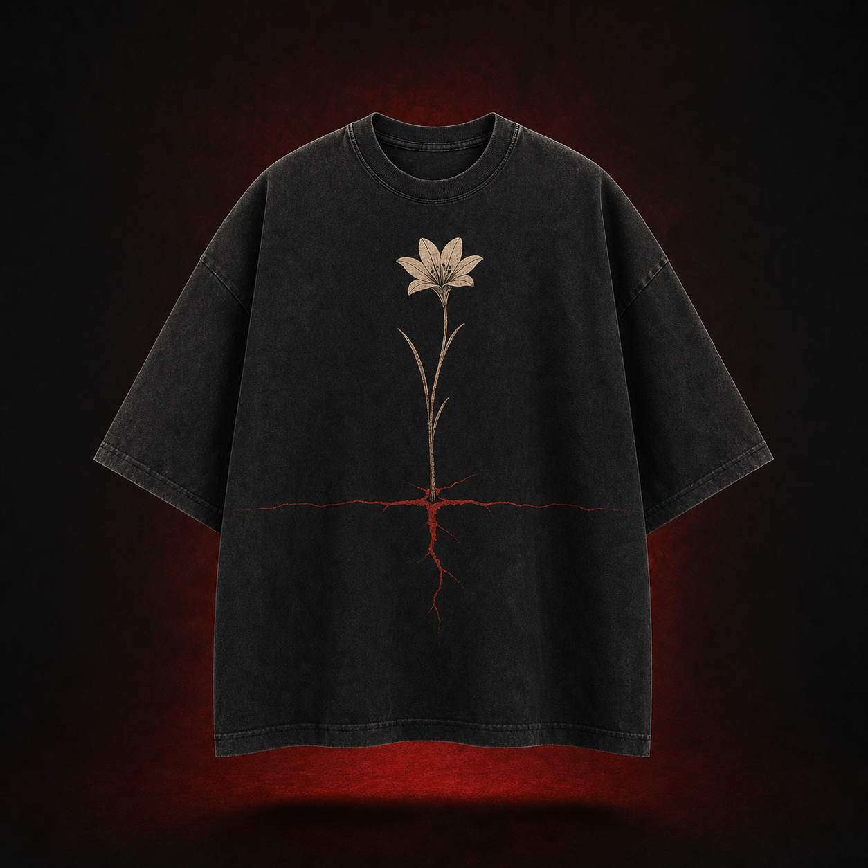 Washed black oversized Rain Lily T-shirt by Shrota