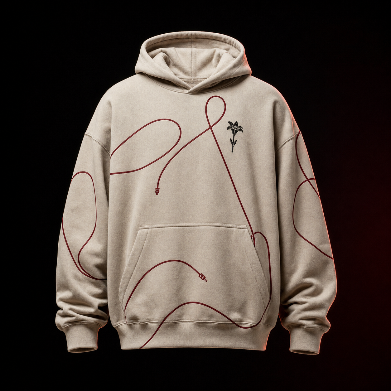 Raw beige oversized Signal Hoodie by Shrota with blood-red cable artwork